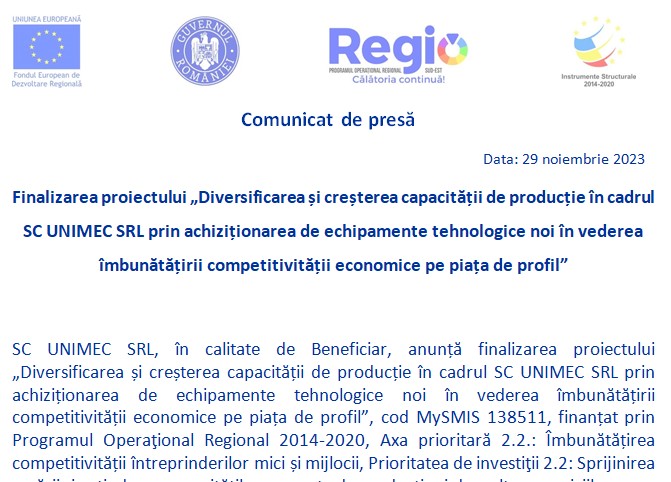 Comunicat de presă Finalizarea proiectului Diversificarea și